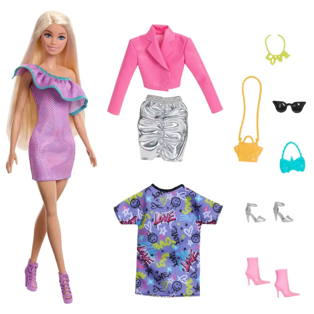 Mattel - Barbie Doll with 3 Party-Themed Mix-and-Match Outfits and Accessories - HYT61