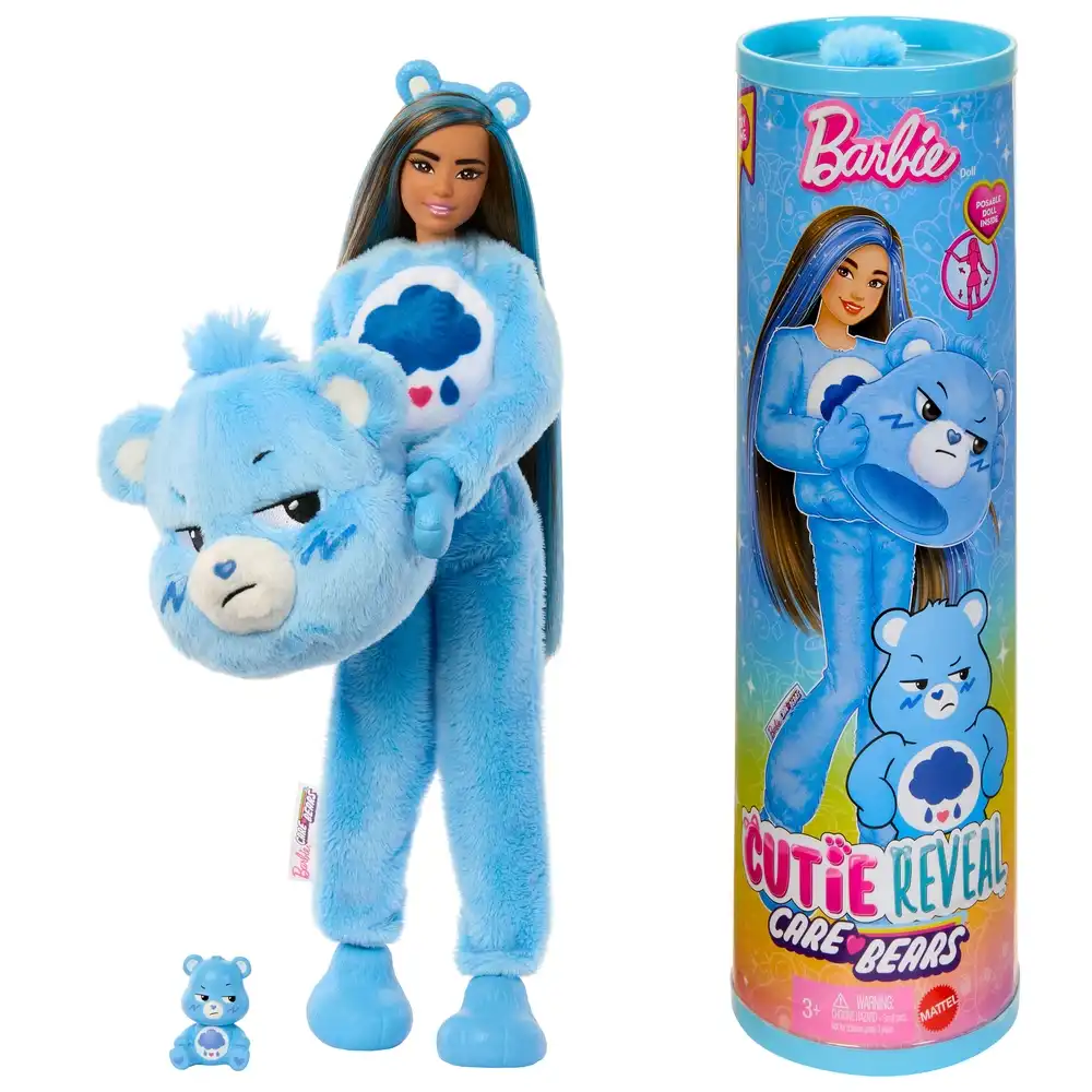 Mattel - Barbie Cutie Reveal Care Bears Doll with Blue Bear Plush Costume & 10 Surprises - JCN96
