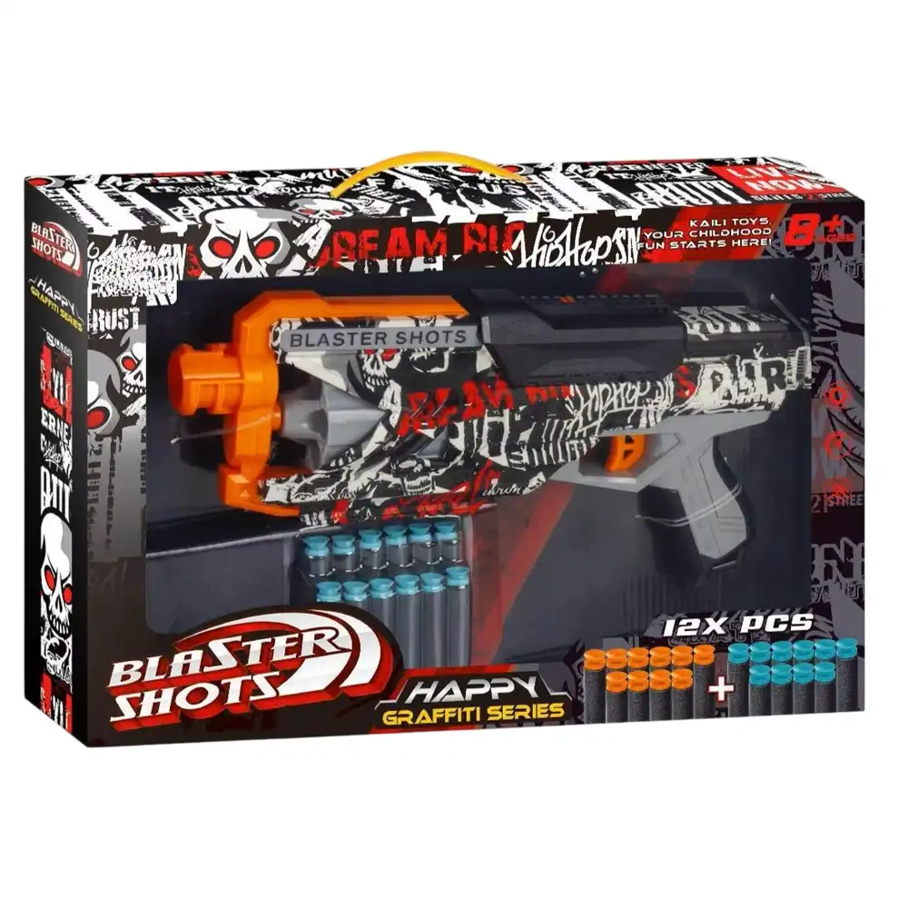 Blaster Shots Happy Graffiti Skulls Gun with 12 Soft Foam Bullets
