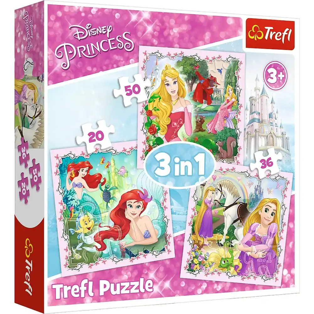 Trefl - Frozen Rapunzel, Aurora and Ariel 3 in 1 Puzzle (20+36+50) Pieces - 34842
