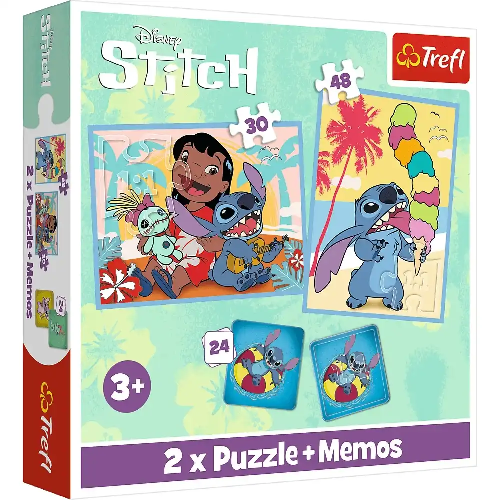 Trefl - Disney Lilo & Stitch Happy Day 2 in 1 Puzzle + 24 Memos (30+48) Pieces - 93585