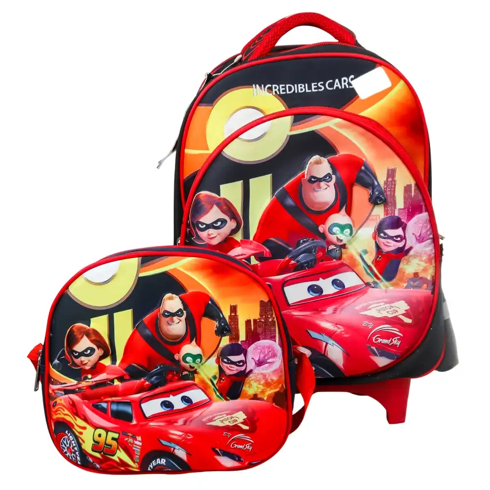 Incredibles & Cars 2 School Backpack with Wheels & Small Bag for Kids - 2702