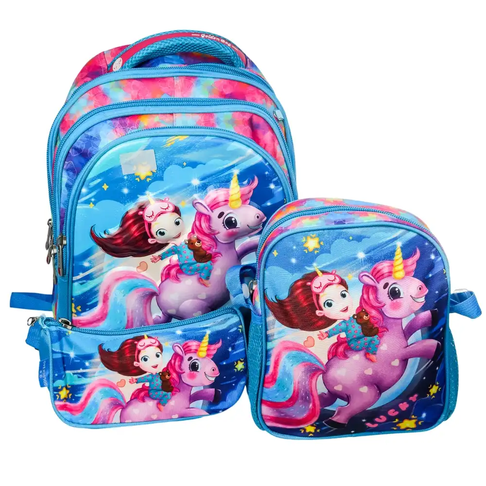 Girl Riding Unicorn School Backpack with 2 Small Bags for Kids Medium Size - M
