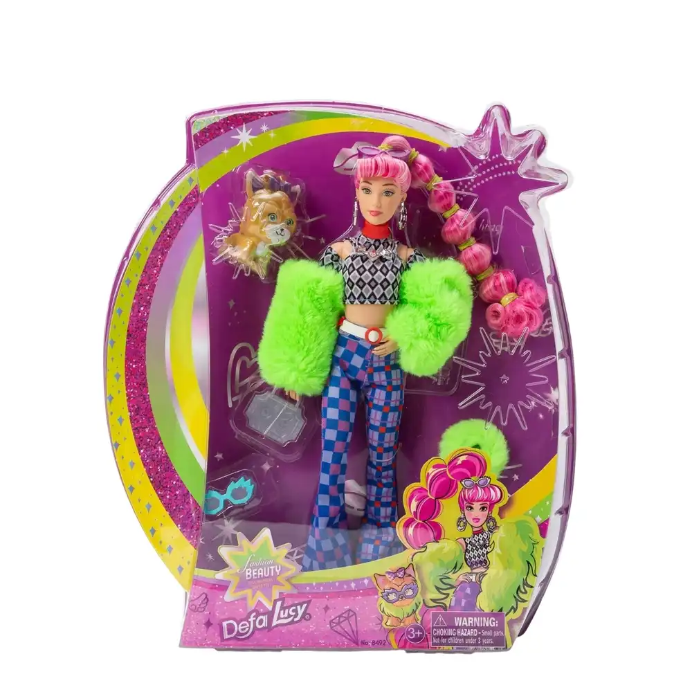 Defa - Lucy Fashion Beauty Girl with Fluffy Arm Green Jacket & Silly Cat - 8492