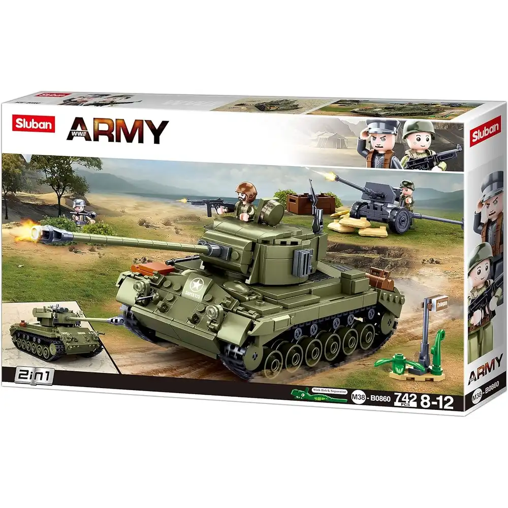 Sluban - WWII Army Pershing M26 US Battle Tank 2 in 1 with Field Canon Bricks Set 742 Pieces - M38-B0860