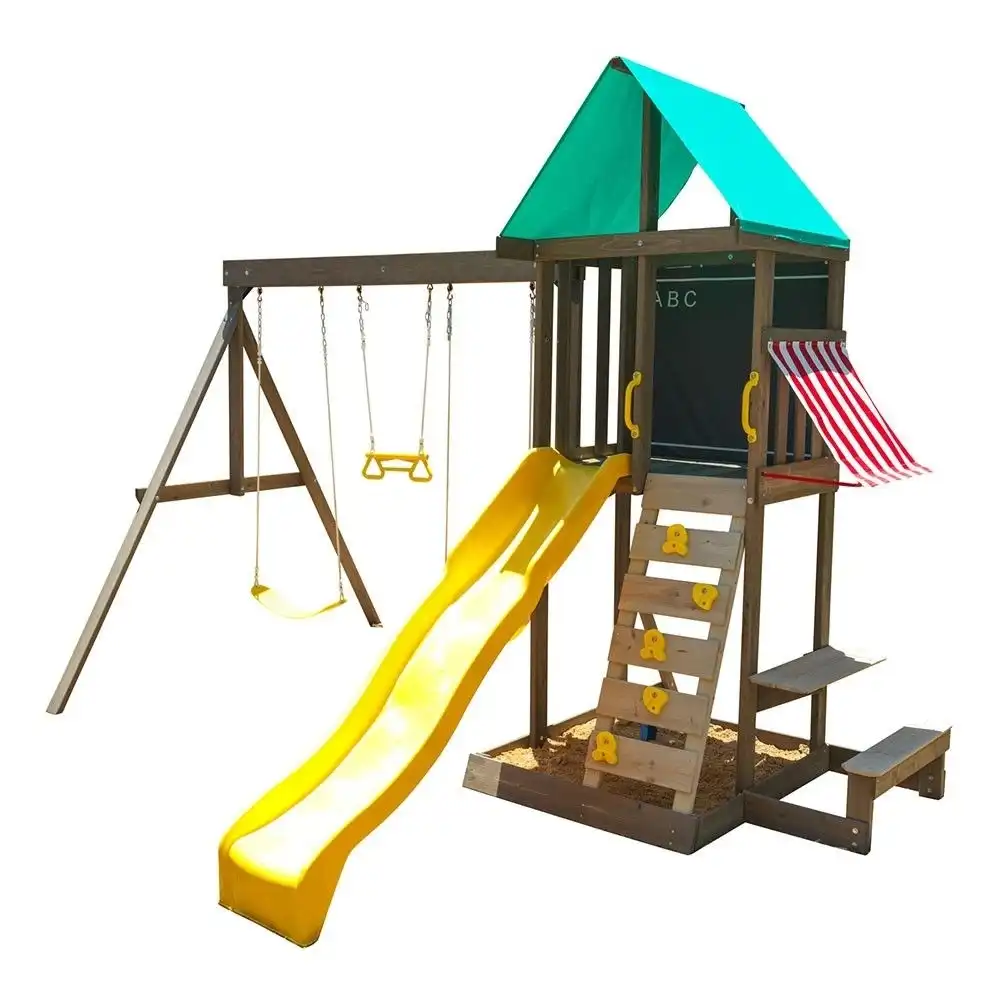 KidKraft - Newport Kids Wooden Outdoor Playset Swing with Slide & Board - F29015EF